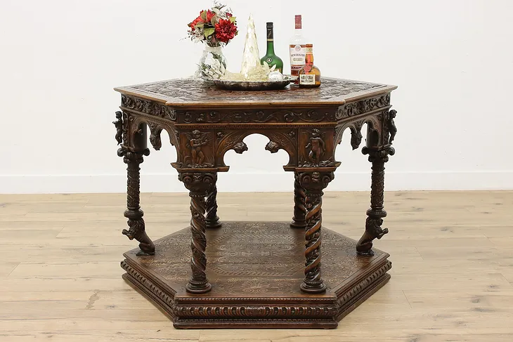 Italian Antique Walnut Center Table, Carved Angels & Lions (1)