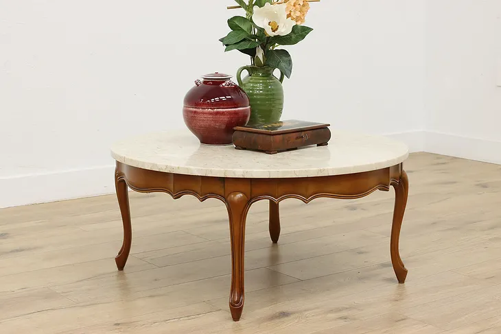 Country French Vintage Travertine Top Birch Coffee Table (1)