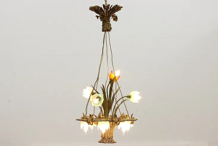 French Antique Gilt Bronze Flower Basket Chandelier, Soleau (1)