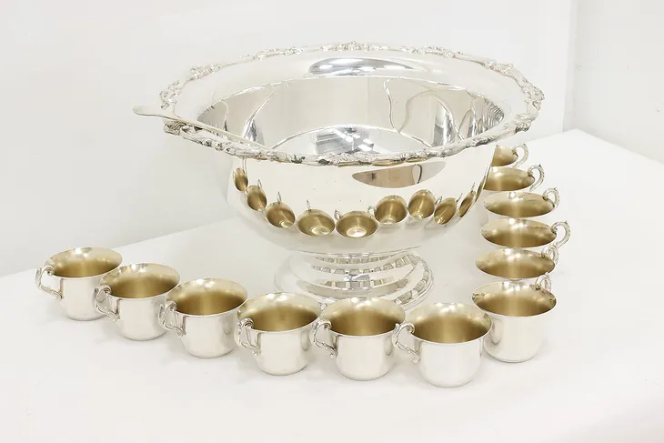 Georgian Silverplate 14 Pc Punch Bowl Set, Ladle, 12 Cups #51534