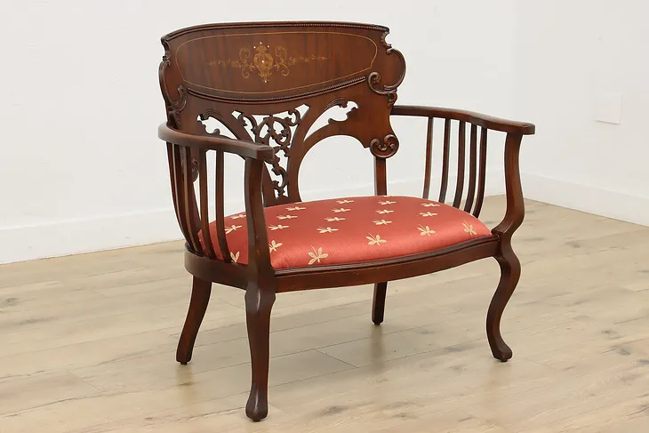 Art Nouveau Antique Mahogany Settee or Bench Pearl Marquetry #52806