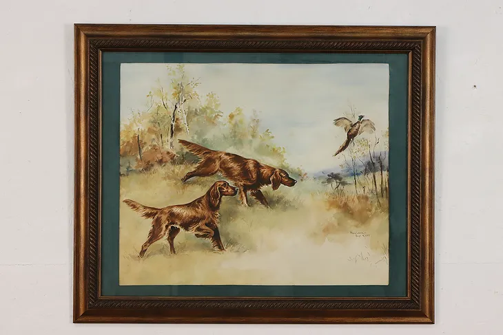 Dogs & Bird Vintage Original Watercolor Painting, Louis 23" #53326