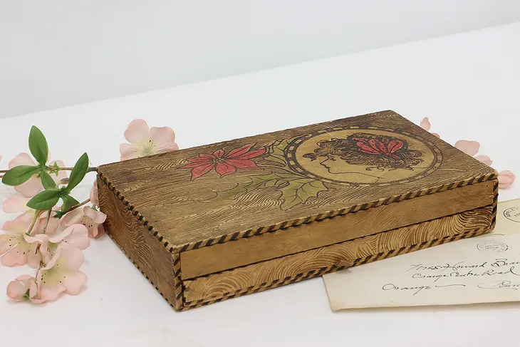 Folk Art Antique Painted Pyrography Jewelry or Keepsake Box (1)