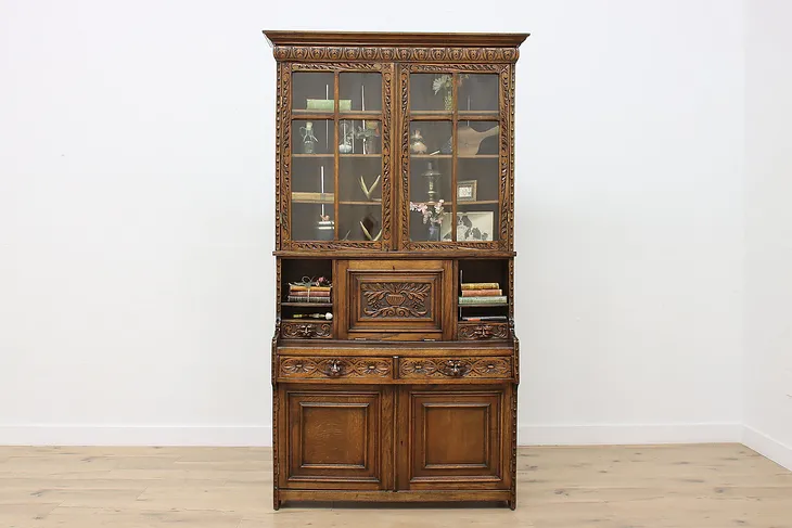 Dutch Antique Carved Oak Secretary Desk & Bookcase (1)