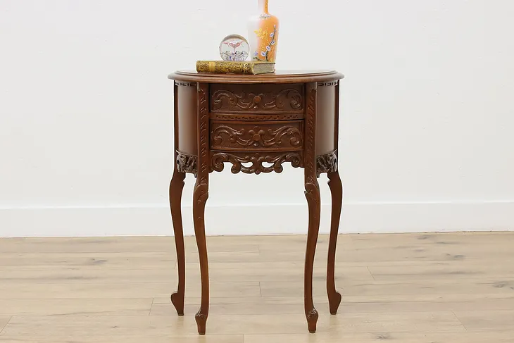 French Vintage Carved Walnut Demilune Nightstand End Table (1)