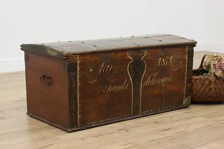 Norwegian Rosemaling Antique 1874 Pine Dowry Chest or Trunk (1)