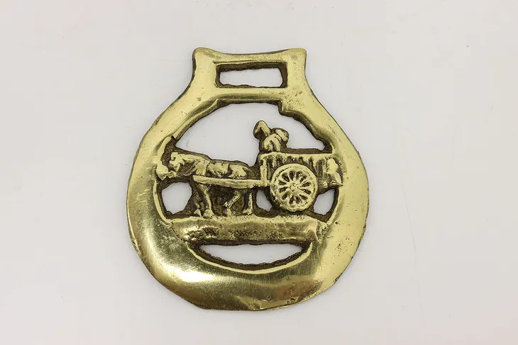 Horse Antique Brass Harness Medallion, Horse & Wagon (1)