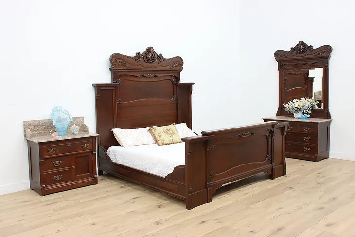 Victorian Antique 3 Pc Bedroom Set King Size Bed Marble Tops (1)