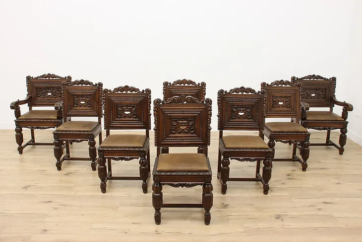 Set of 8 Antique Mouth of Truth Oak & Leather Dining Chairs (1)