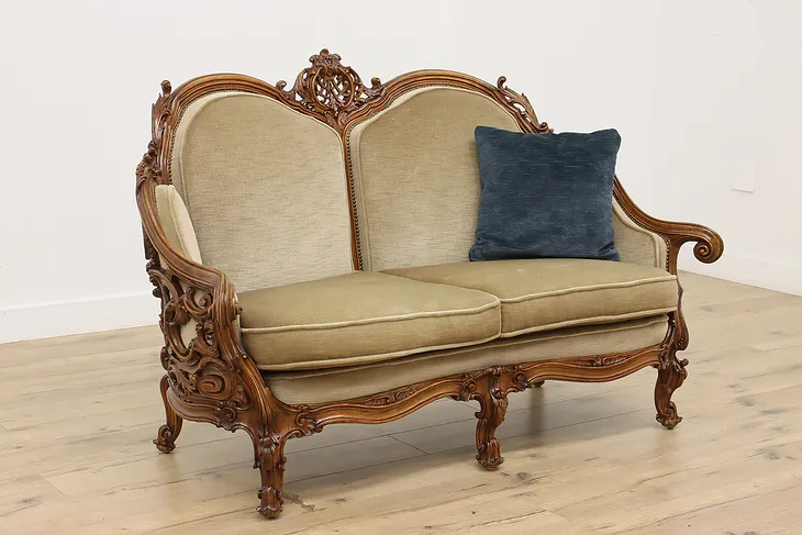 Swedish Antique Hand Carved Walnut & Mohair Loveseat or Sofa (1)