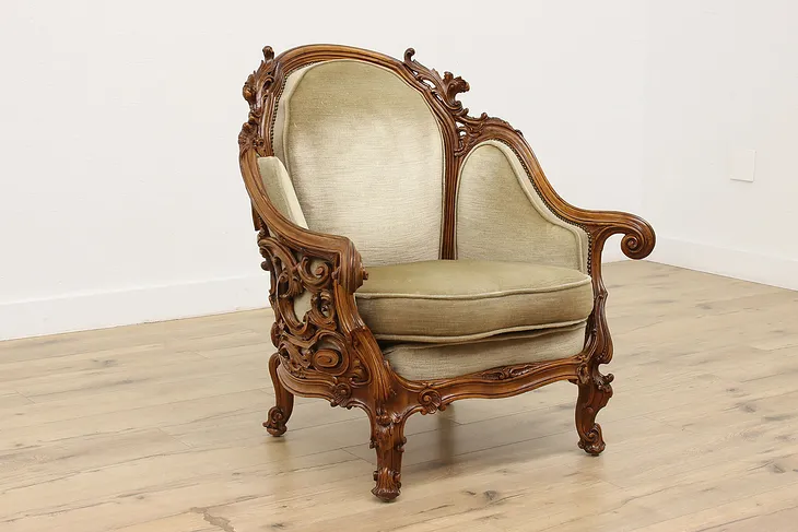 Swedish Antique Hand Carved Walnut & Mohair Library Chair (1)