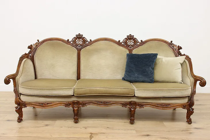 Swedish Antique Hand Carved Walnut & Mohair Sofa (1)