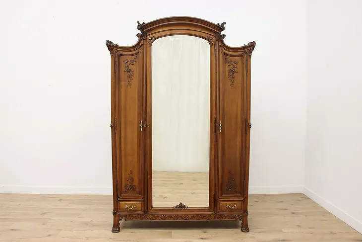 Art Nouveau French Antique Walnut Armoire Wardrobe & Mirror (1)