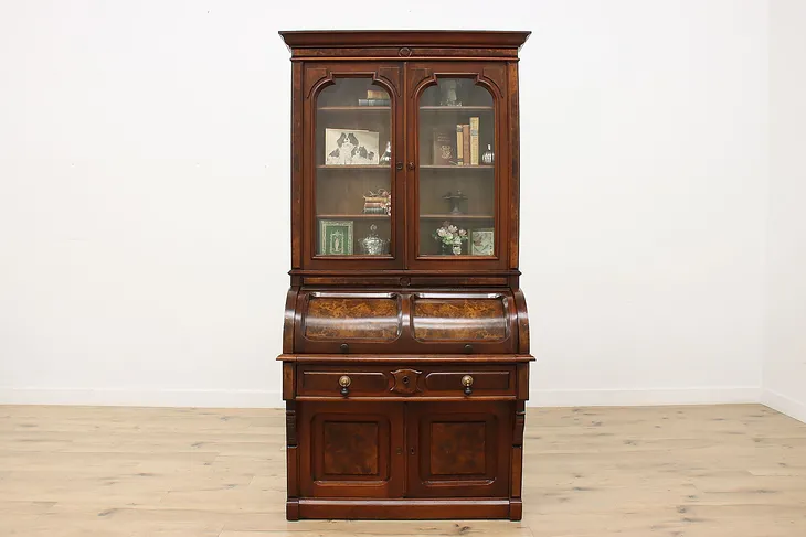 Victorian Antique Walnut Roll Top Secretary Desk & Bookcase (1)