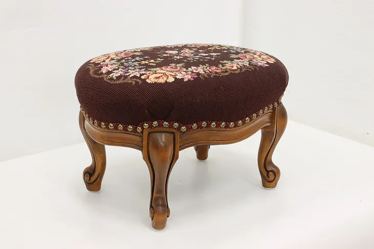 Traditional Antique Walnut Needlepoint Petit Point Footstool (1)