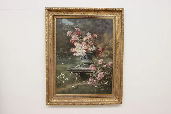 Garden Roses Vintage Original Oil Painting, Signed 61" (1)