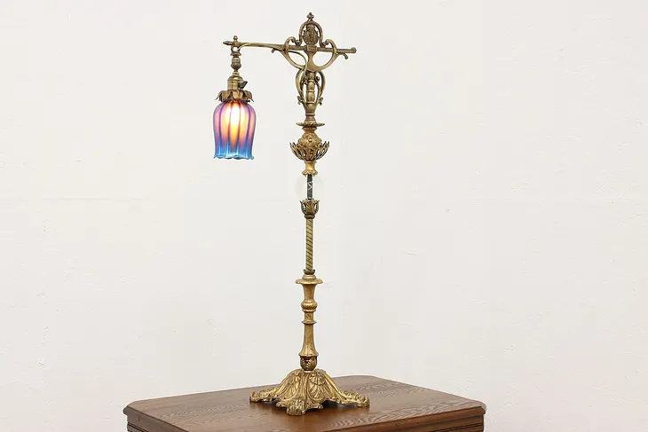 Victorian Antique Tall Desktop Bronzed Lamp, Art Glass Shade (1)