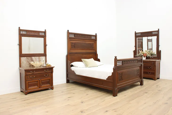 Victorian Antique 3 Pc Mahogany Marble Queen Bed Set, Signed (1)