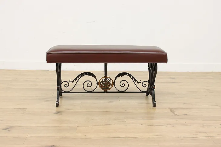 Spanish Colonial Ship Design Wrought Iron & Leather Bench (1)