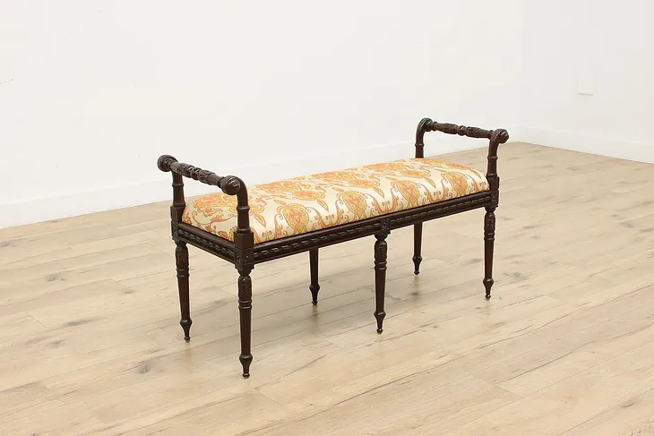 French Antique Carved Mahogany Hall Boudoir Bench New Fabric (1)