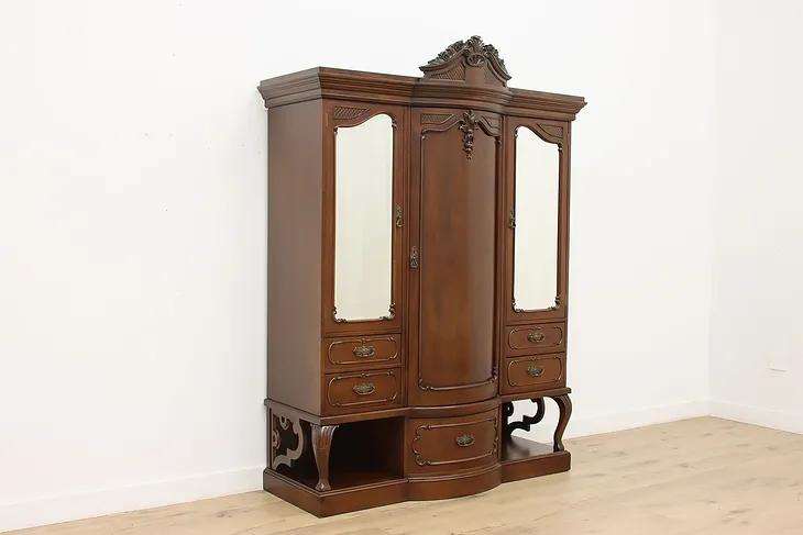 English Victorian Antique Mahogany Triple Wardrobe Armoire (1)