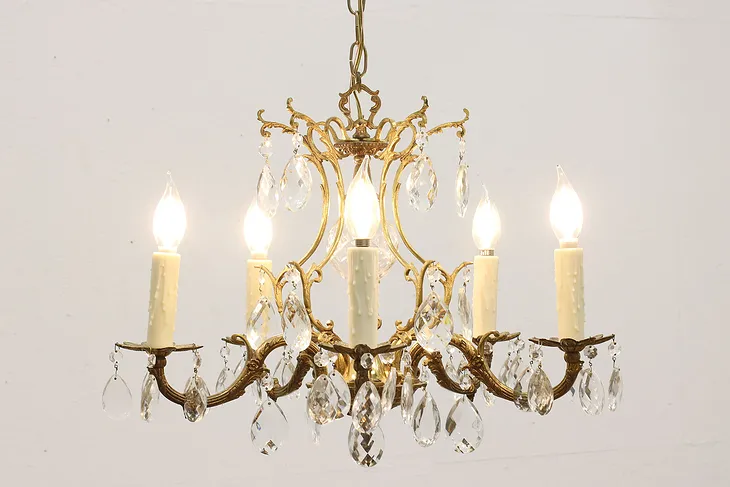 Gold Plated Brass & Prism 5 Candle Vintage Chandelier (1)