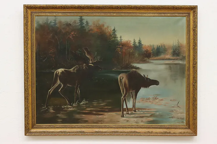 Moose Crossing River Antique Original Painting Higham 45.5" (1)