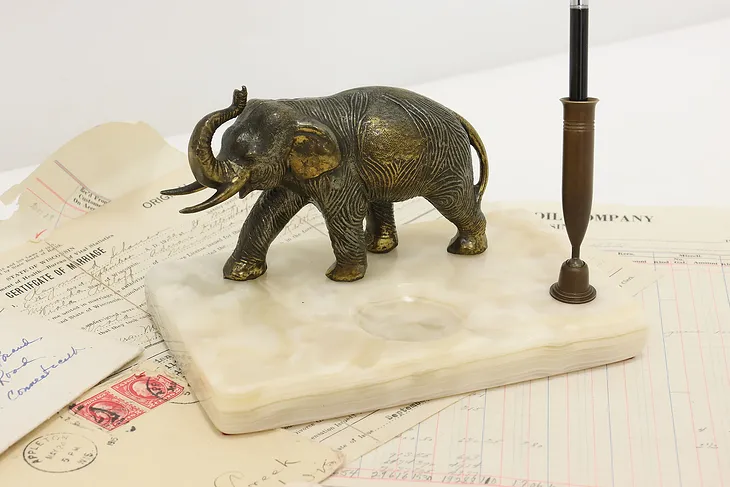 Elephant Sculpture Vintage Desktop Pen Holder, Onyx Base (1)