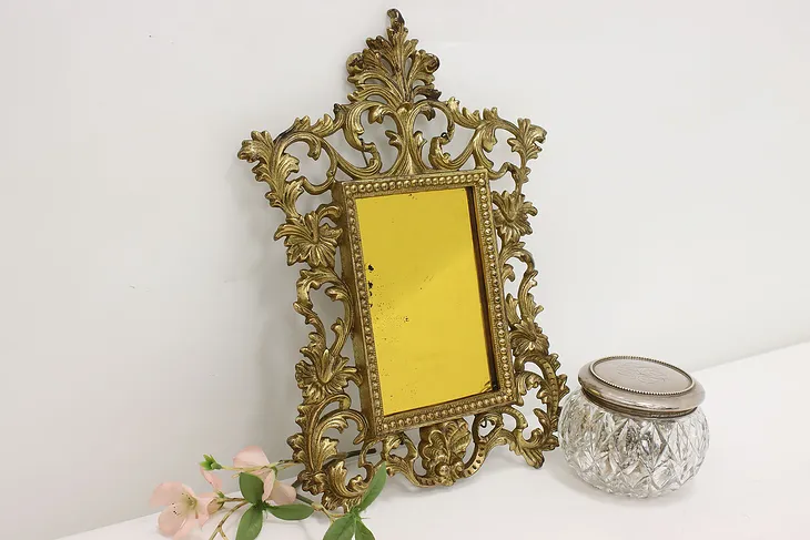 Victorian Antique Brass Ornate Wall Mirror, Yellow Glass (1)