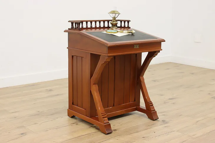 Victorian Antique Cherry Davenport Captain Desk, Leather Top (1)