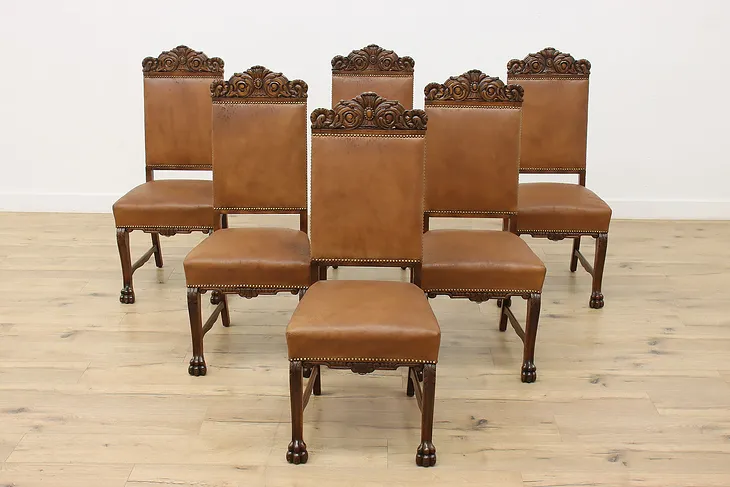 Set 6 Antique Renaissance Leather & Carved Oak Dining Chairs (1)