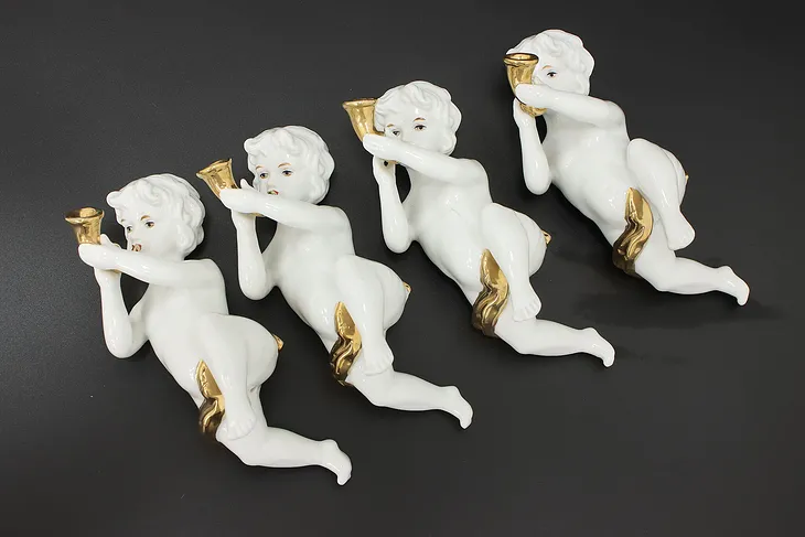 Set of 4 Vintage Gilt Porcelain Angels or Cherubs, Trumpets (1)