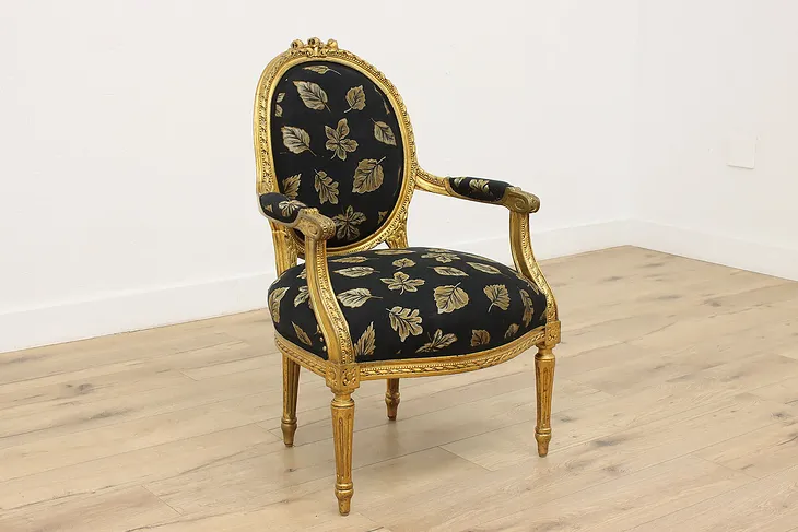 French Vintage Gilt Armchair, Carved Roses, New Upholstery (1)