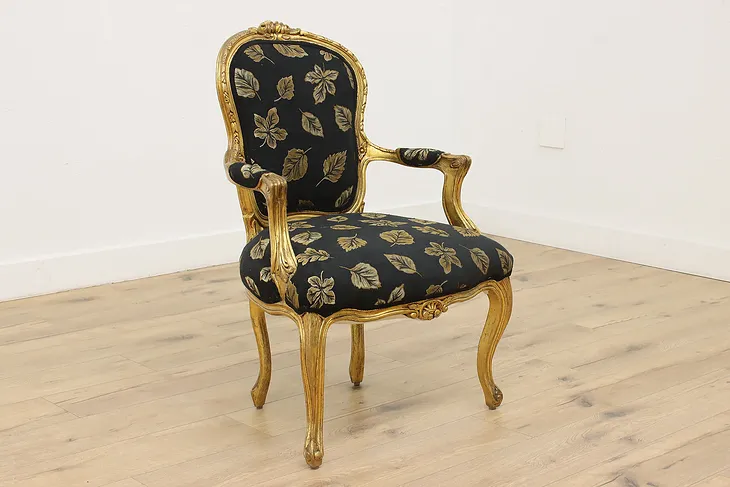 French Gilt Library or Office Vintage Armchair, Carved Roses (1)