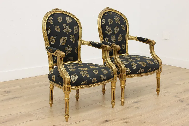 Pair French Vintage Carved Gilt Armchairs New Upholstery (1)