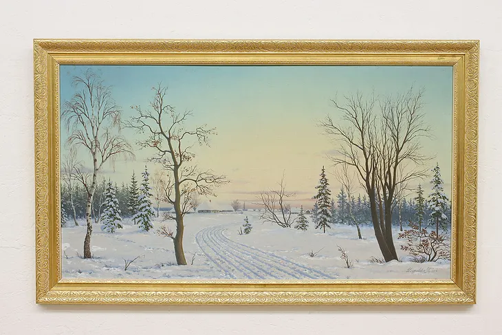 Winter Village Road Vintage Original Oil Painting Swider 52" (1)