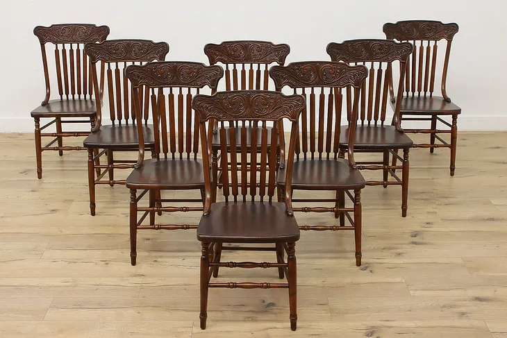 Set 8 Antique Farmhouse Carved Pressback Dining Chairs Signed (1)