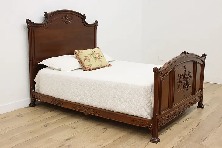 French Art Nouveau Antique Carved Walnut Queen Size Bed (1)