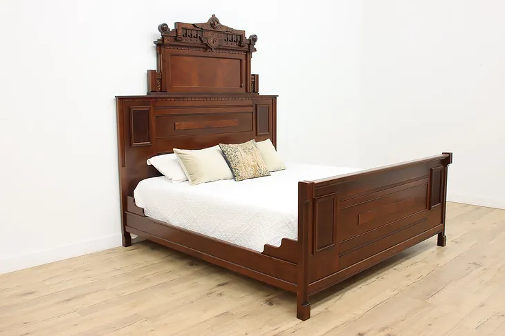 Victorian Eastlake Antique Carved Walnut Burl King Size Bed (1)