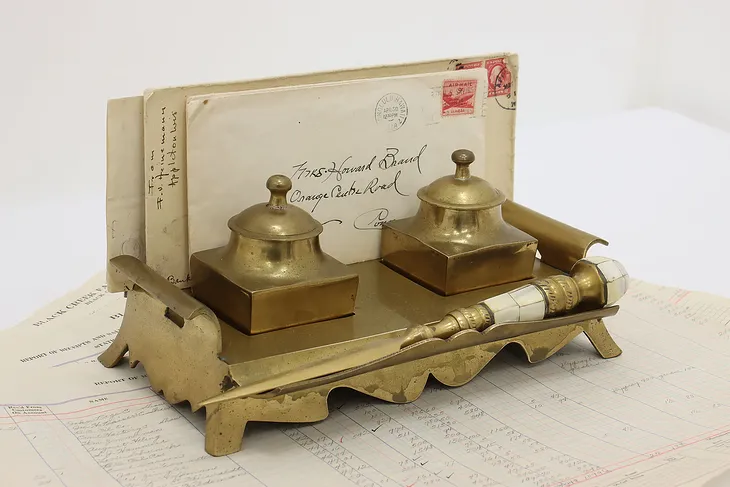 Brass Vintage Desktop Double Inkwell, India (1)