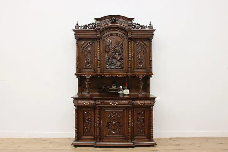 Renaissance Antique Carved Walnut Sideboard or Bar Cabinet (1)