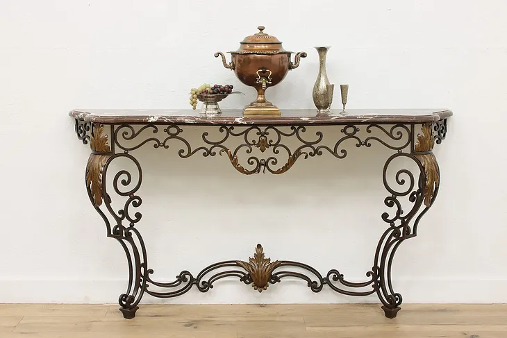 French Design Vintage Marble & Wrought Iron Entry Console (1)