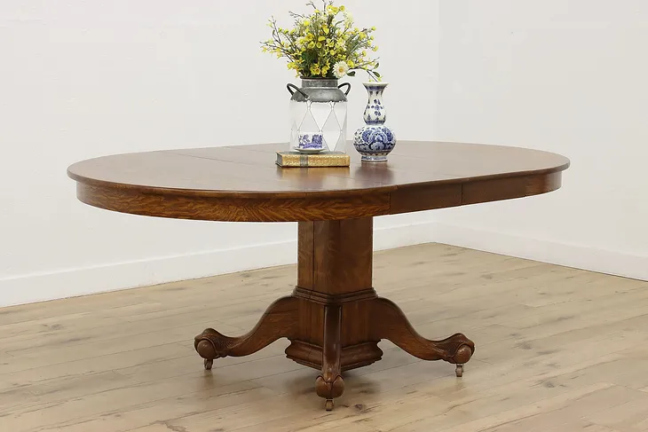 Victorian Antique Round 48" Oak Dining Table Opens 73" (1)