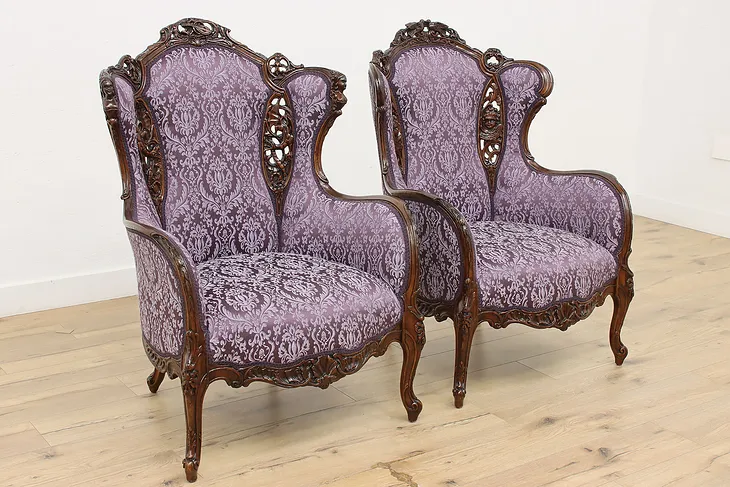 Pair French Design Vintage Carved Wingback Chairs New Fabric (1)