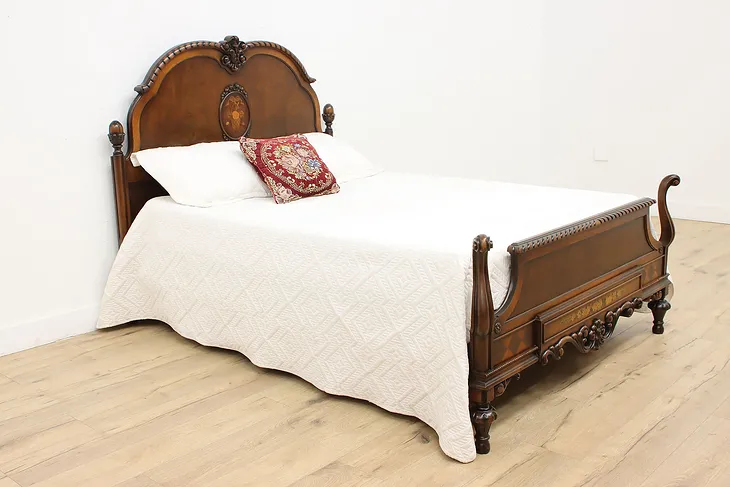 English Tudor Antique Walnut & Marquetry Full or Queen Bed (1)