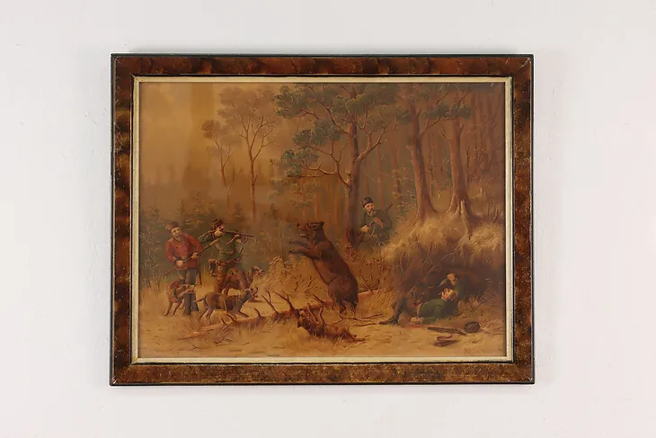 German Bear Hunt Antique Print Signed 24.5" (1)