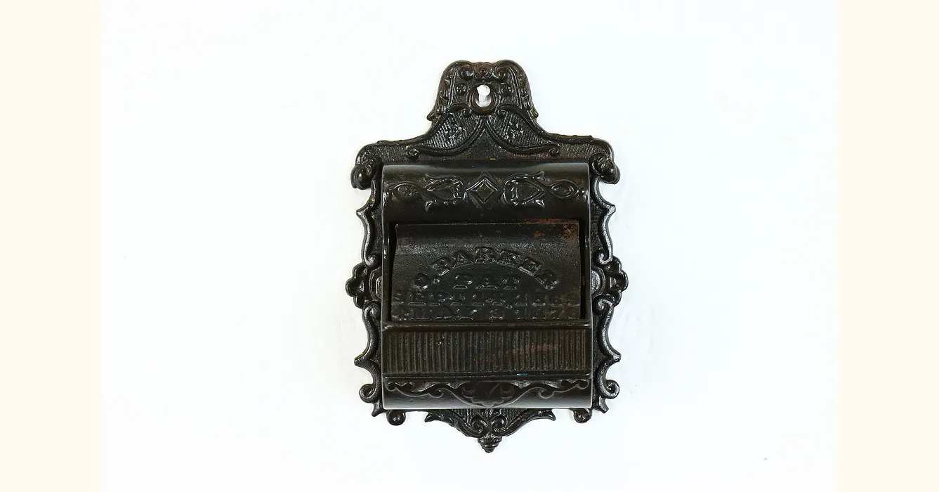 Victorian Antique Cast Iron Wall Hanging Match Holder, C. Parker 1870