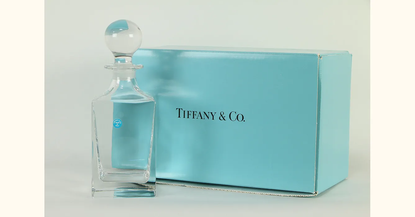 Tiffany Signed Crystal Decanter & Stopper, Unused, Original Blue Box