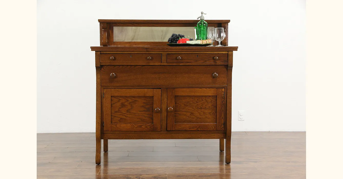 Oak Antique 1910 Sideboard, Buffet or Server, Gallery & Mirror