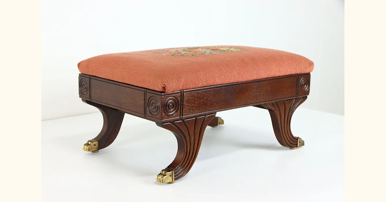 Carved Mahogany 1910 Antique Footstool, Hand Stitched Needlepoint Upholstery